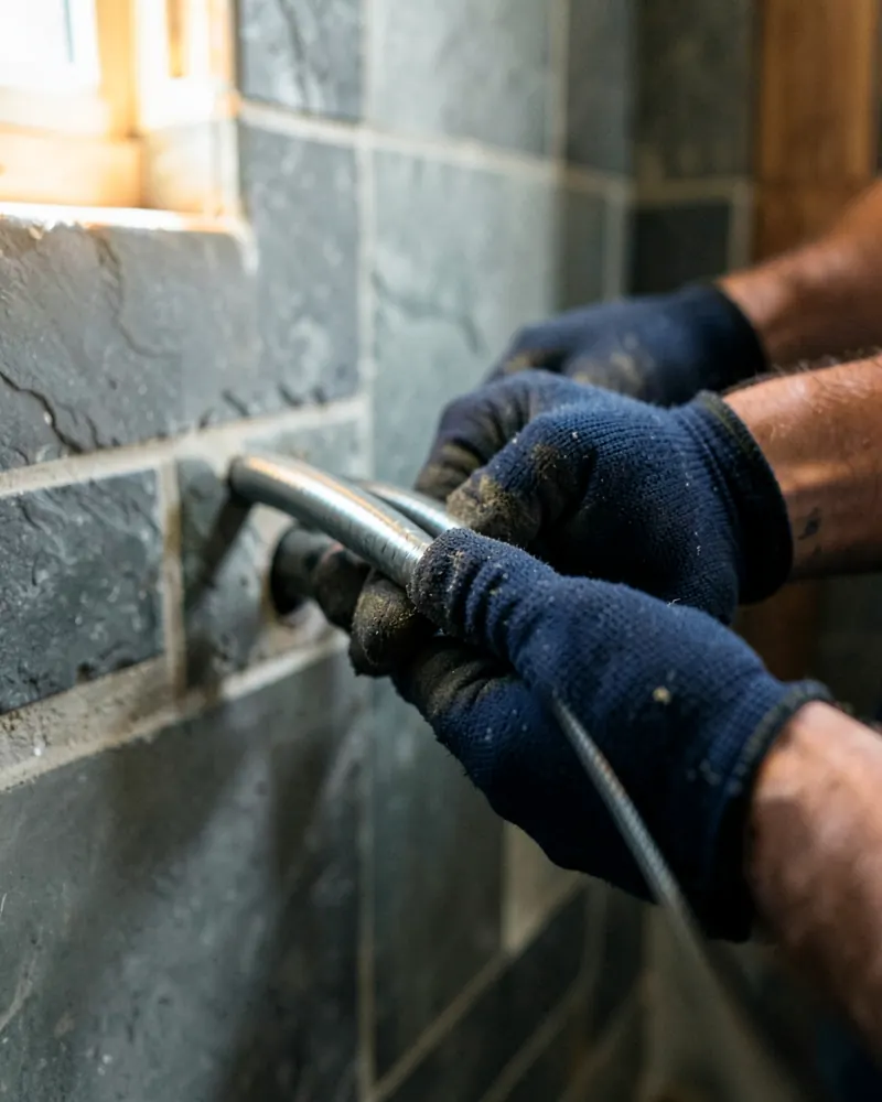 Gloved hands clearing a drain in a tiled bathroom
