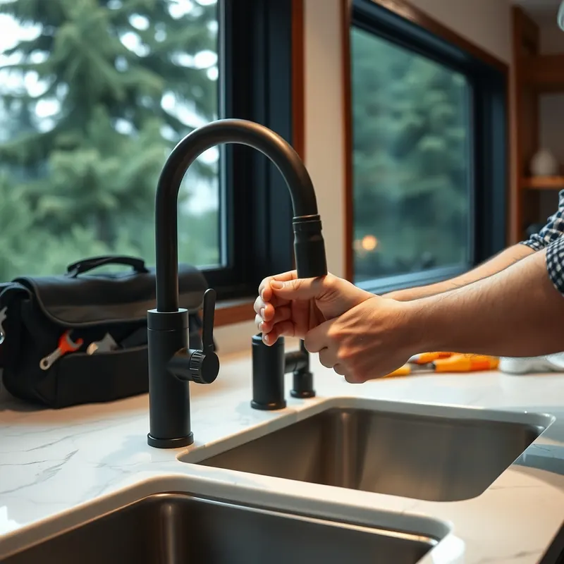 Hands installing a black kitchen faucet