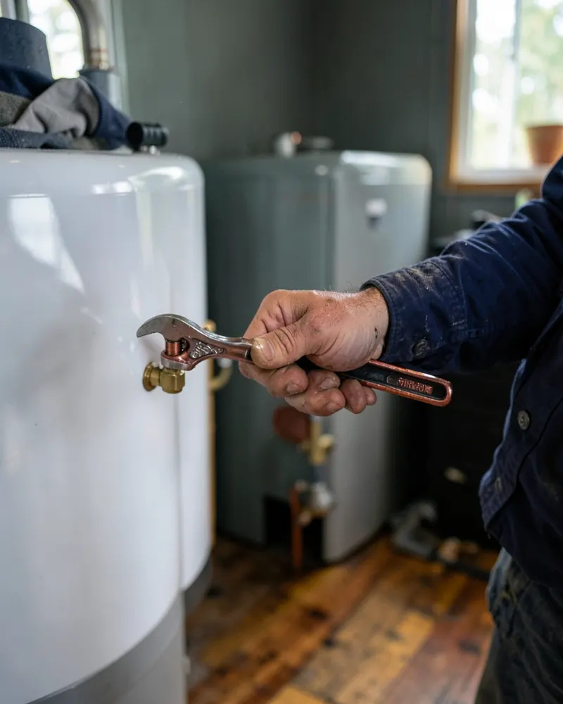 Wrench on the valve of a tank water heater