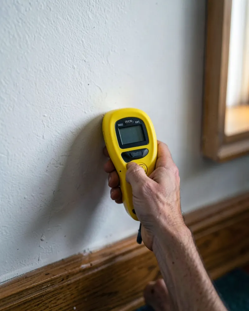 Moisture meter held against a painted wall