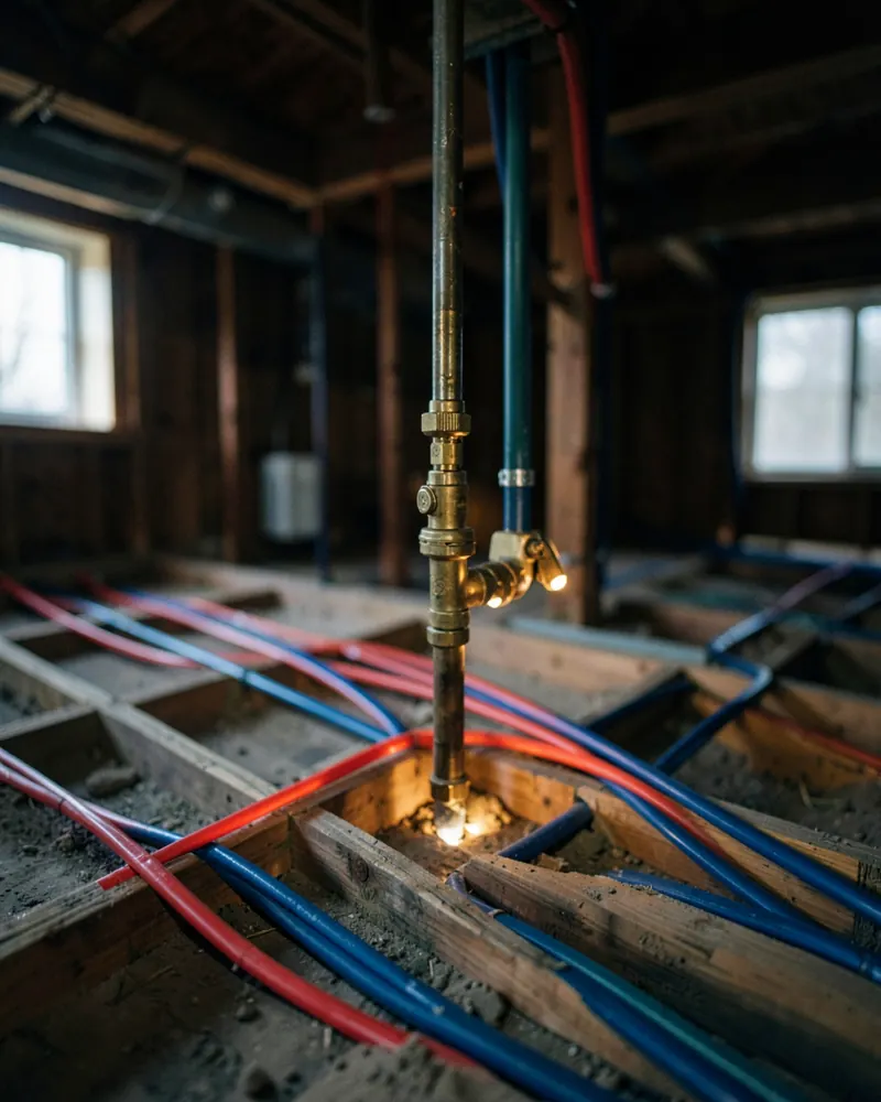 Open floor framing with new red and blue water lines and a brass manifold
